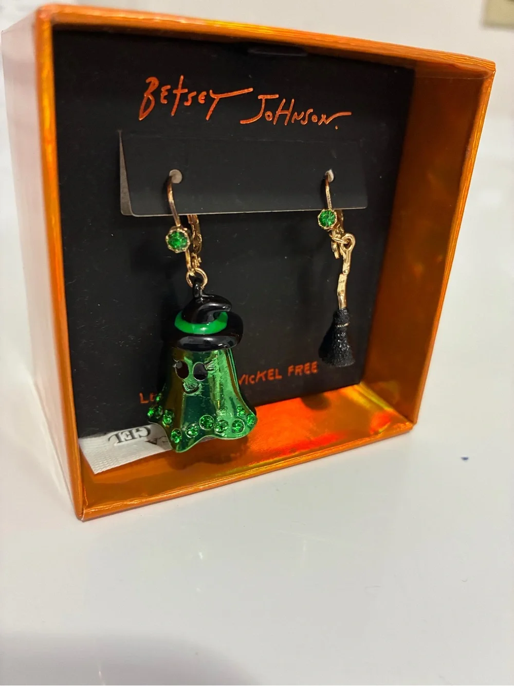 Betsey Johnson Green Witch & Broom Asymmetrical Drop Earrings